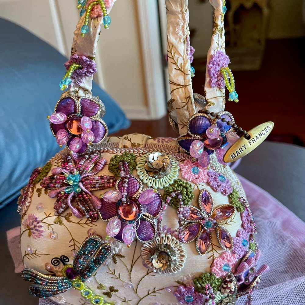 Authentic Mary Frances DRAGONFLY handbag heavily beaded fabric with florals